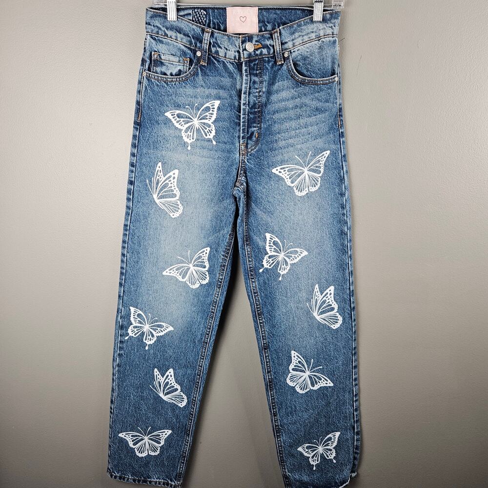 Revice Blue High Rise Button Fly Mom  Jeans Butterfly Whimsy Fairy Print Size 25 - Picture 2 of 9